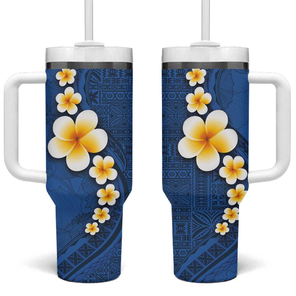 Polynesian Hibiscus and Plumeria with Tapa Pattern Tumbler With Handle Blue Color LT03 One Size: 40 oz Blue - Polynesian Pride