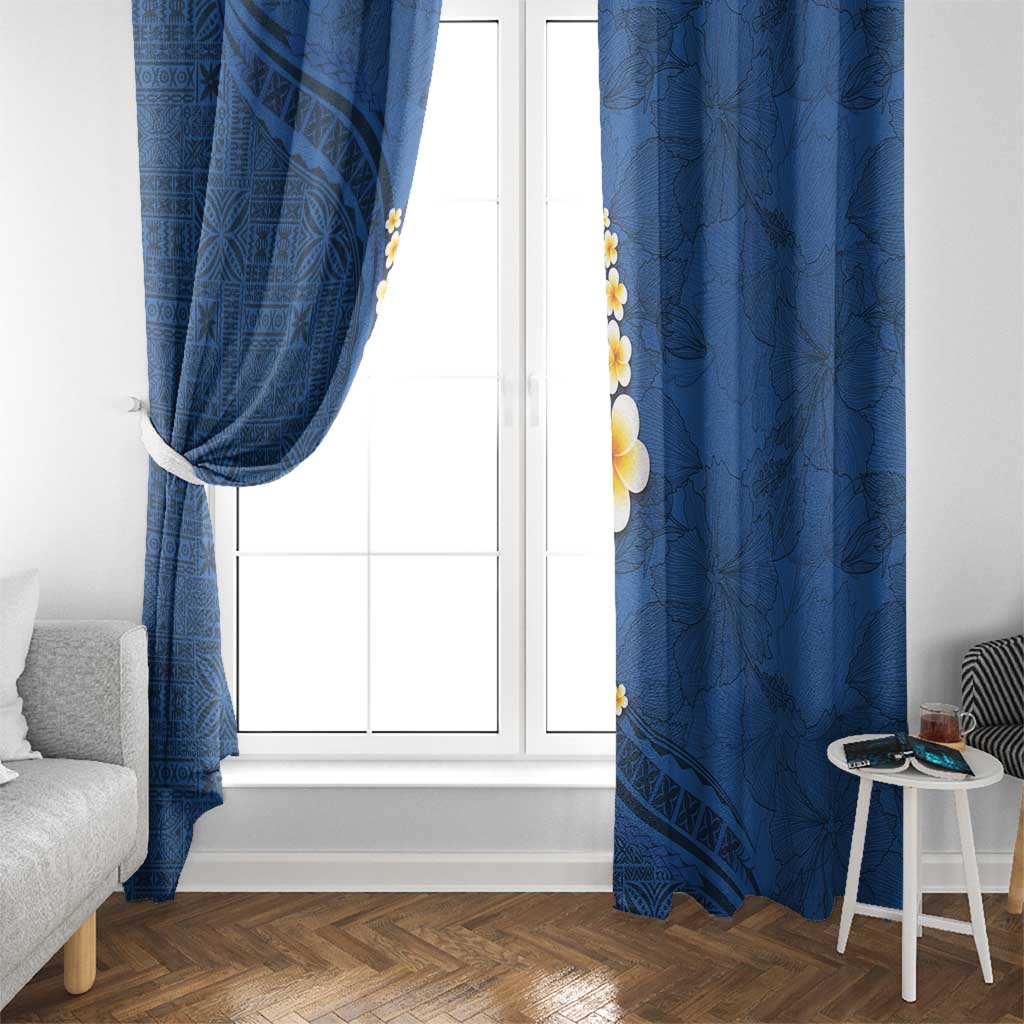 Polynesian Hibiscus and Plumeria with Tapa Pattern Window Curtain Blue Color LT03 - Polynesian Pride