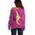 Polynesian Hibiscus and Plumeria with Tapa Pattern Off Shoulder Sweater Pink Color