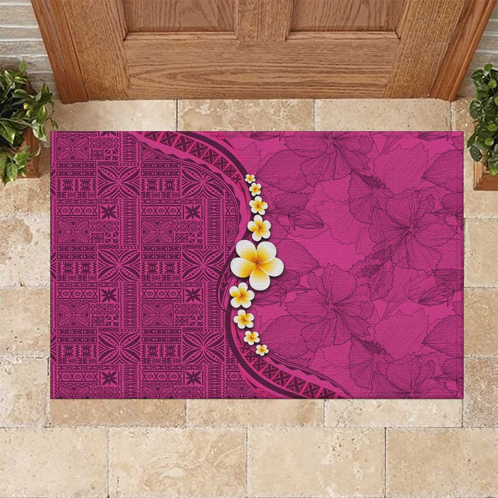 Polynesian Hibiscus and Plumeria with Tapa Pattern Rubber Doormat Pink Color LT03 Pink - Polynesian Pride