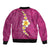 Polynesian Hibiscus and Plumeria with Tapa Pattern Sleeve Zip Bomber Jacket Pink Color