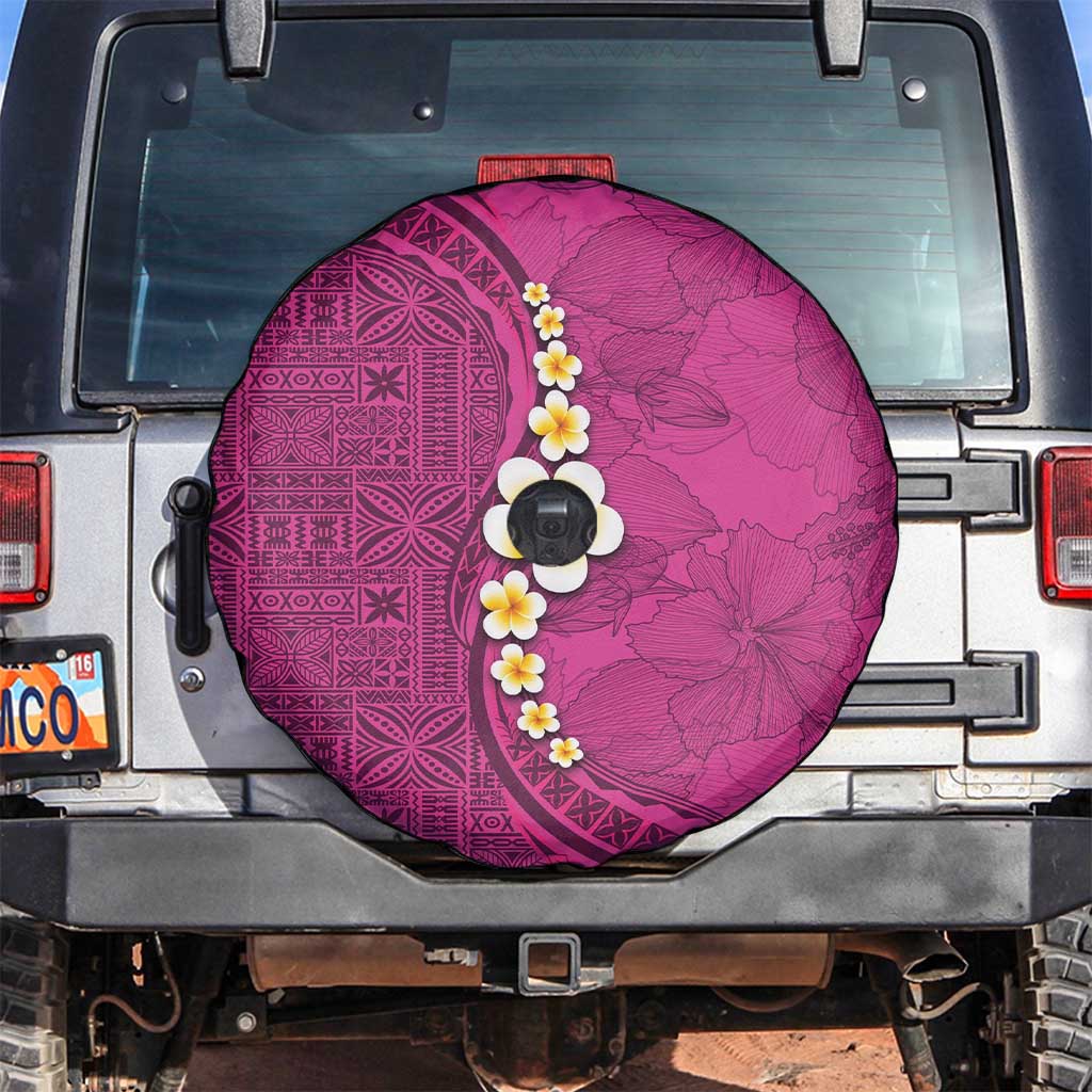 Polynesian Hibiscus and Plumeria with Tapa Pattern Spare Tire Cover Pink Color