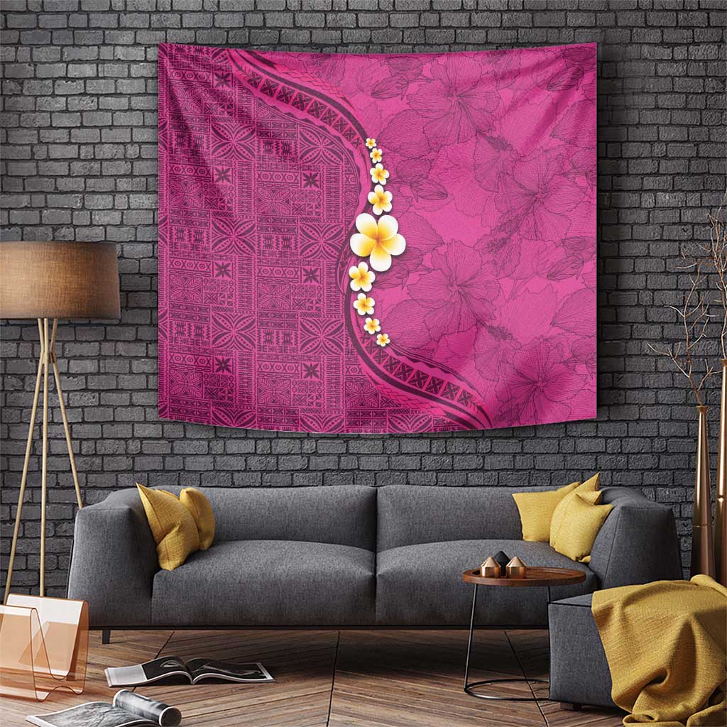 Polynesian Hibiscus and Plumeria with Tapa Pattern Tapestry Pink Color LT03 - Polynesian Pride
