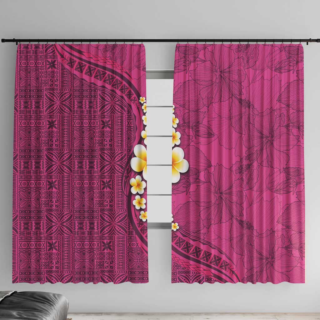 Polynesian Hibiscus and Plumeria with Tapa Pattern Window Curtain Pink Color LT03 With Hooks Pink - Polynesian Pride