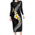 Pacific Hibiscus and Plumeria with Tapa Pattern Family Matching Long Sleeve Bodycon Dress and Hawaiian Shirt Black Color