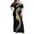 Pacific Hibiscus and Plumeria with Tapa Pattern Family Matching Off Shoulder Maxi Dress and Hawaiian Shirt Black Color