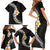 Pacific Hibiscus and Plumeria with Tapa Pattern Family Matching Short Sleeve Bodycon Dress and Hawaiian Shirt Black Color