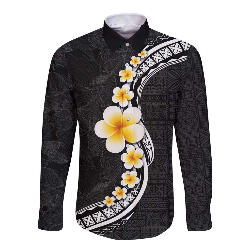 Pacific Hibiscus and Plumeria with Tapa Pattern Long Sleeve Button Shirt Black Color LT03 Unisex Black - Polynesian Pride