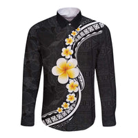 Pacific Hibiscus and Plumeria with Tapa Pattern Long Sleeve Button Shirt Black Color LT03 Unisex Black - Polynesian Pride