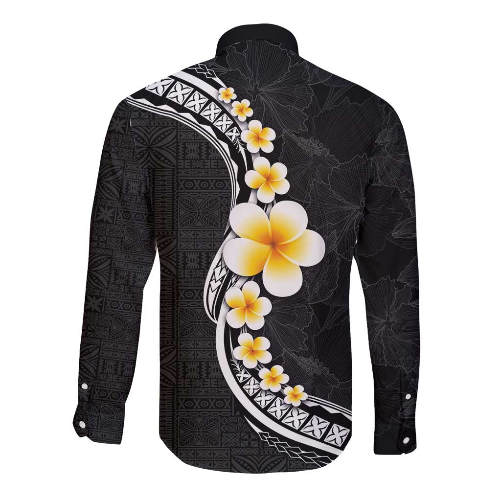 Pacific Hibiscus and Plumeria with Tapa Pattern Long Sleeve Button Shirt Black Color LT03 - Polynesian Pride