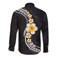 Pacific Hibiscus and Plumeria with Tapa Pattern Long Sleeve Button Shirt Black Color LT03 - Polynesian Pride