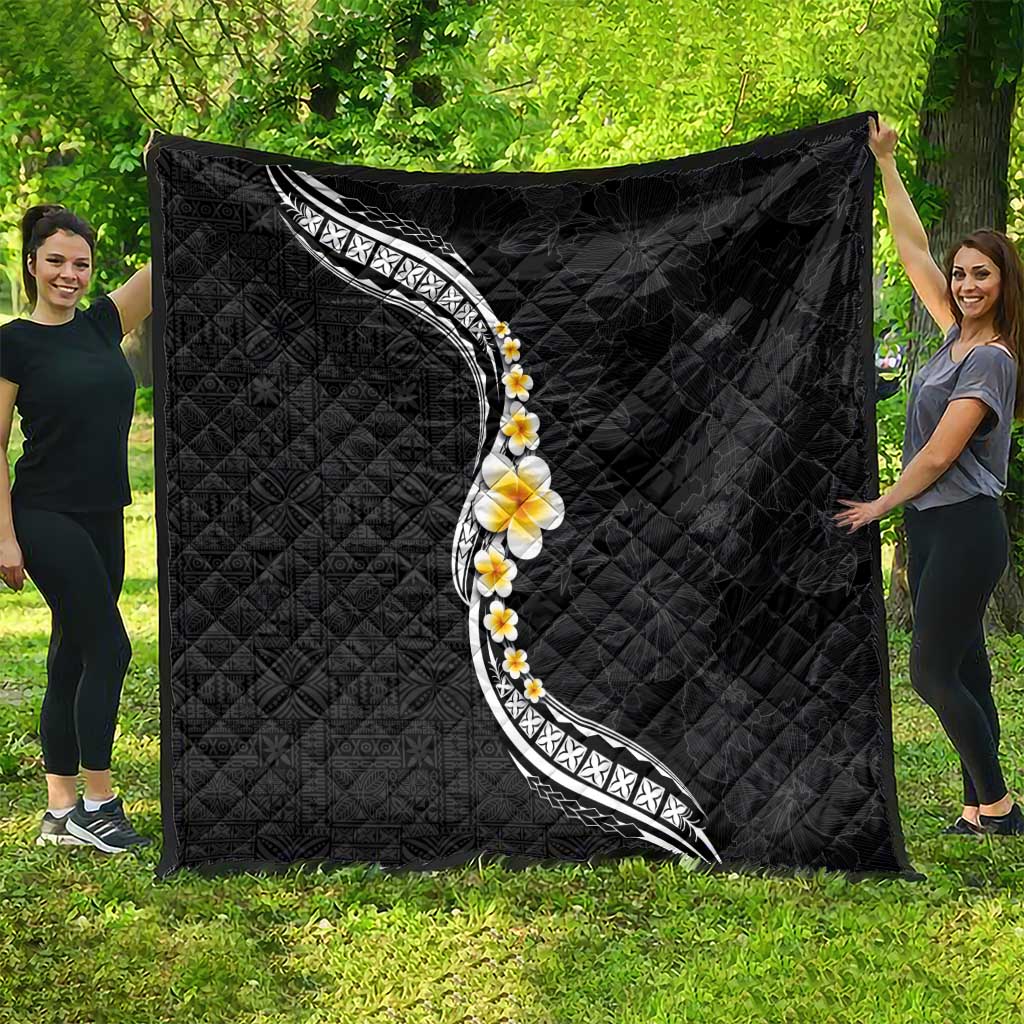Pacific Hibiscus and Plumeria with Tapa Pattern Quilt Black Color LT03 - Polynesian Pride