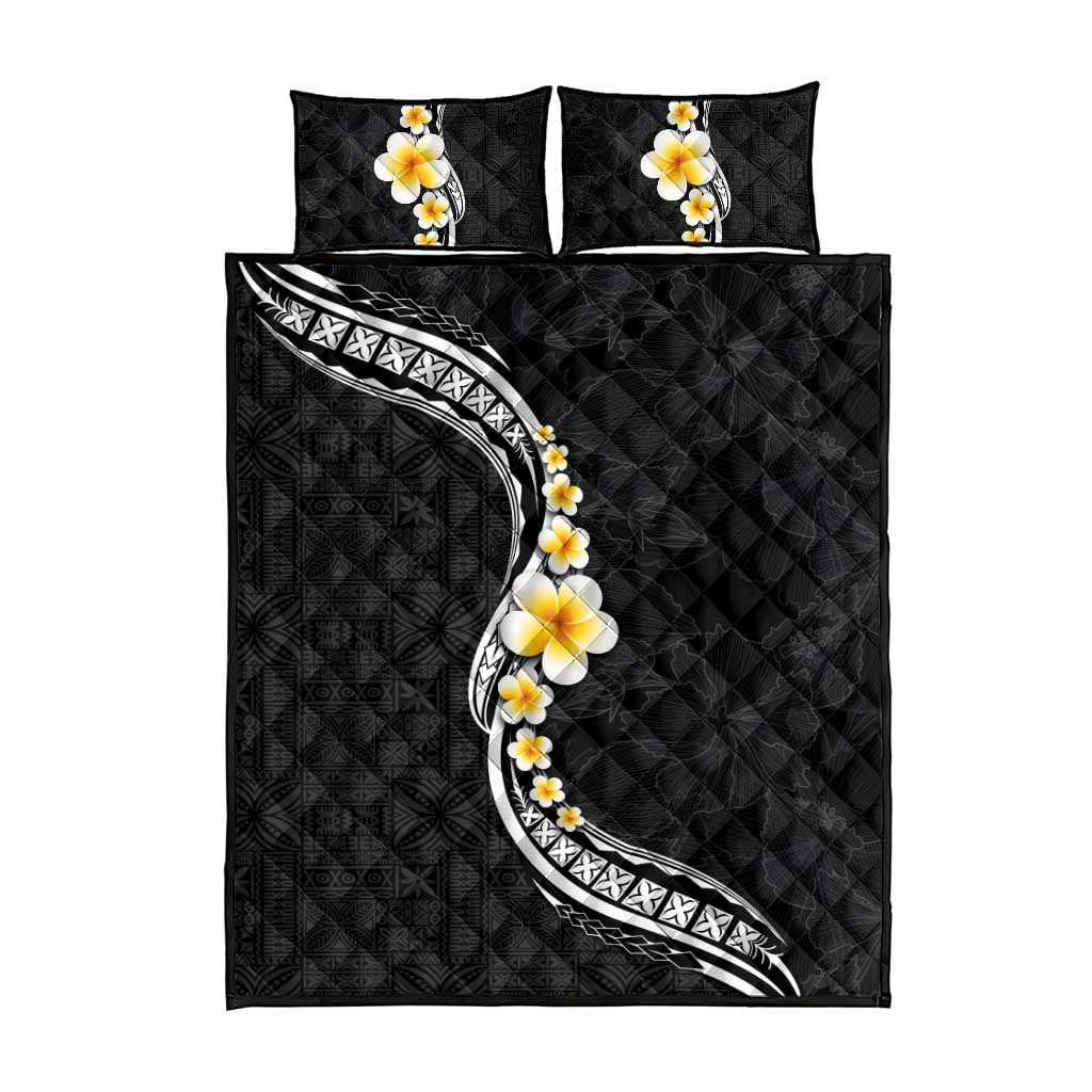 Pacific Hibiscus and Plumeria with Tapa Pattern Quilt Bed Set Black Color LT03 - Polynesian Pride