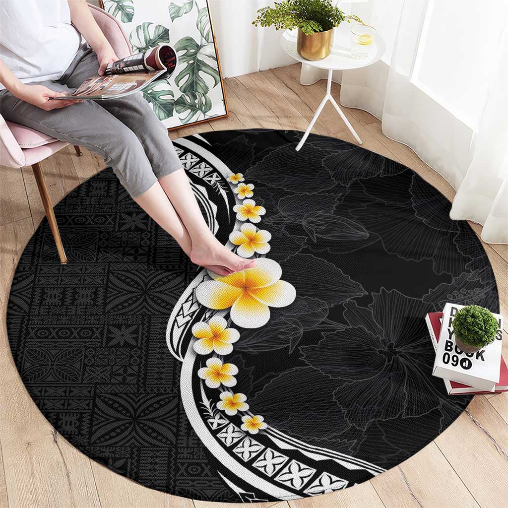Pacific Hibiscus and Plumeria with Tapa Pattern Round Carpet Black Color LT03 - Polynesian Pride