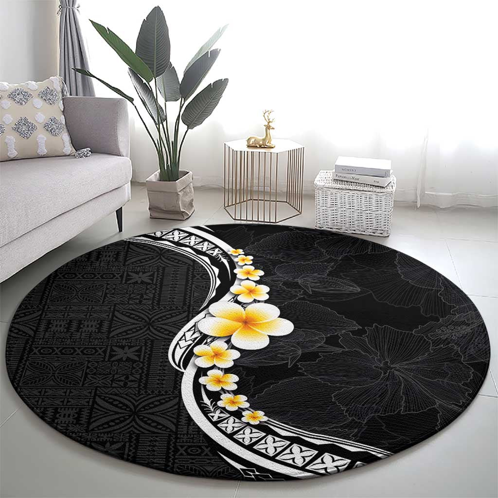 Pacific Hibiscus and Plumeria with Tapa Pattern Round Carpet Black Color LT03 - Polynesian Pride