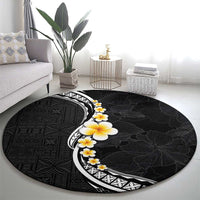 Pacific Hibiscus and Plumeria with Tapa Pattern Round Carpet Black Color LT03 - Polynesian Pride