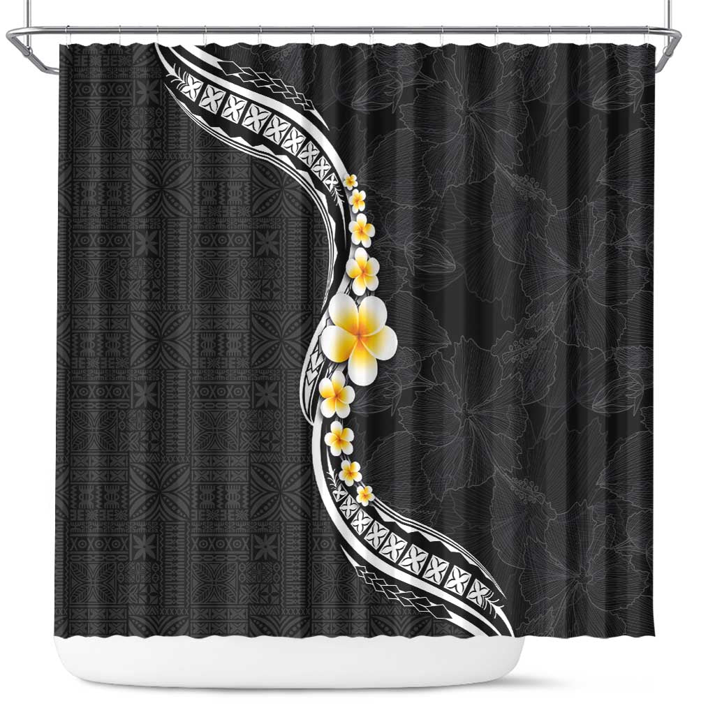Pacific Hibiscus and Plumeria with Tapa Pattern Shower Curtain Black Color LT03 Black - Polynesian Pride