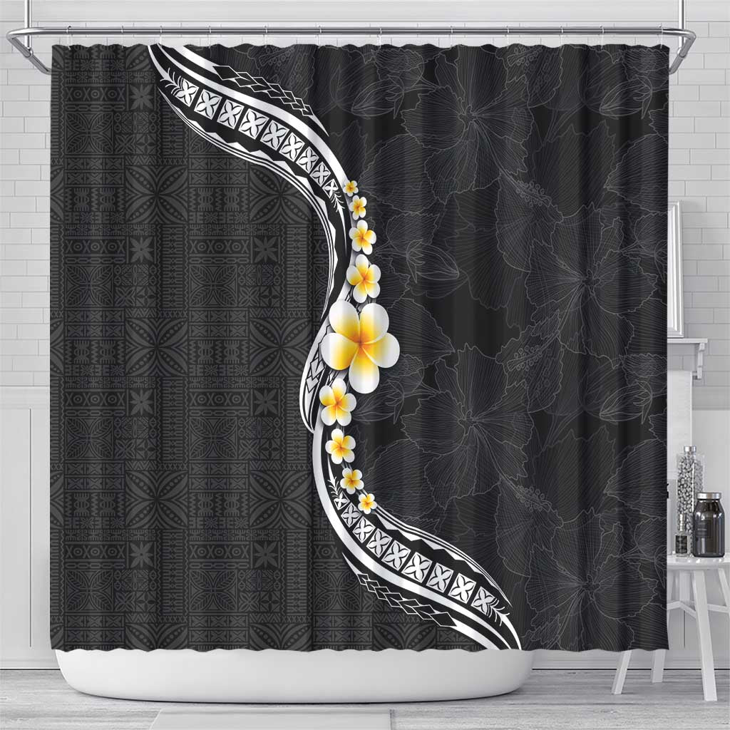 Pacific Hibiscus and Plumeria with Tapa Pattern Shower Curtain Black Color LT03 - Polynesian Pride