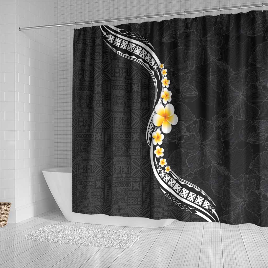 Pacific Hibiscus and Plumeria with Tapa Pattern Shower Curtain Black Color LT03 - Polynesian Pride