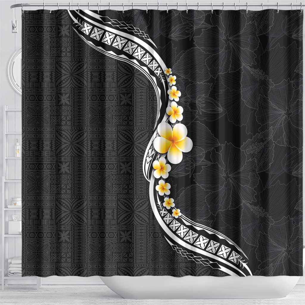 Pacific Hibiscus and Plumeria with Tapa Pattern Shower Curtain Black Color LT03 - Polynesian Pride