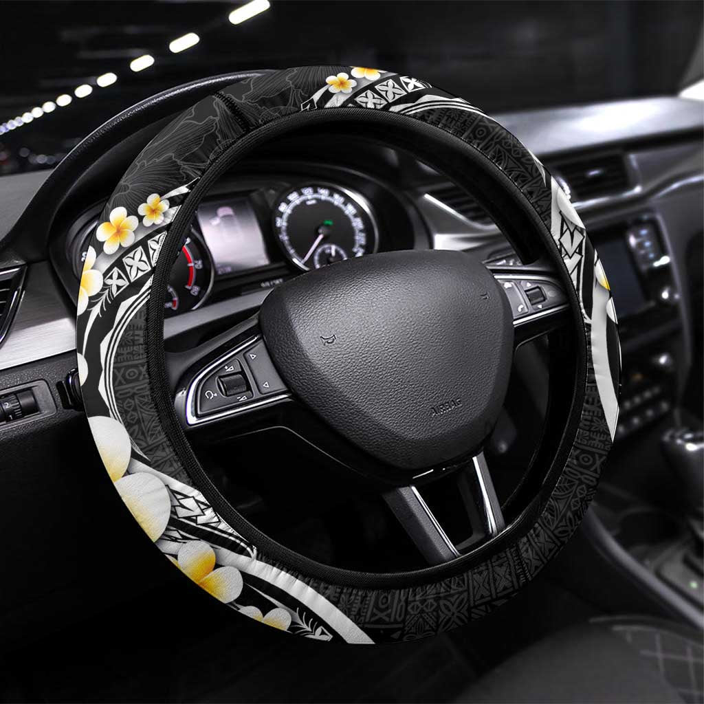 Pacific Hibiscus and Plumeria with Tapa Pattern Steering Wheel Cover Black Color