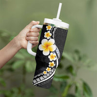Pacific Hibiscus and Plumeria with Tapa Pattern Tumbler With Handle Black Color LT03 - Polynesian Pride