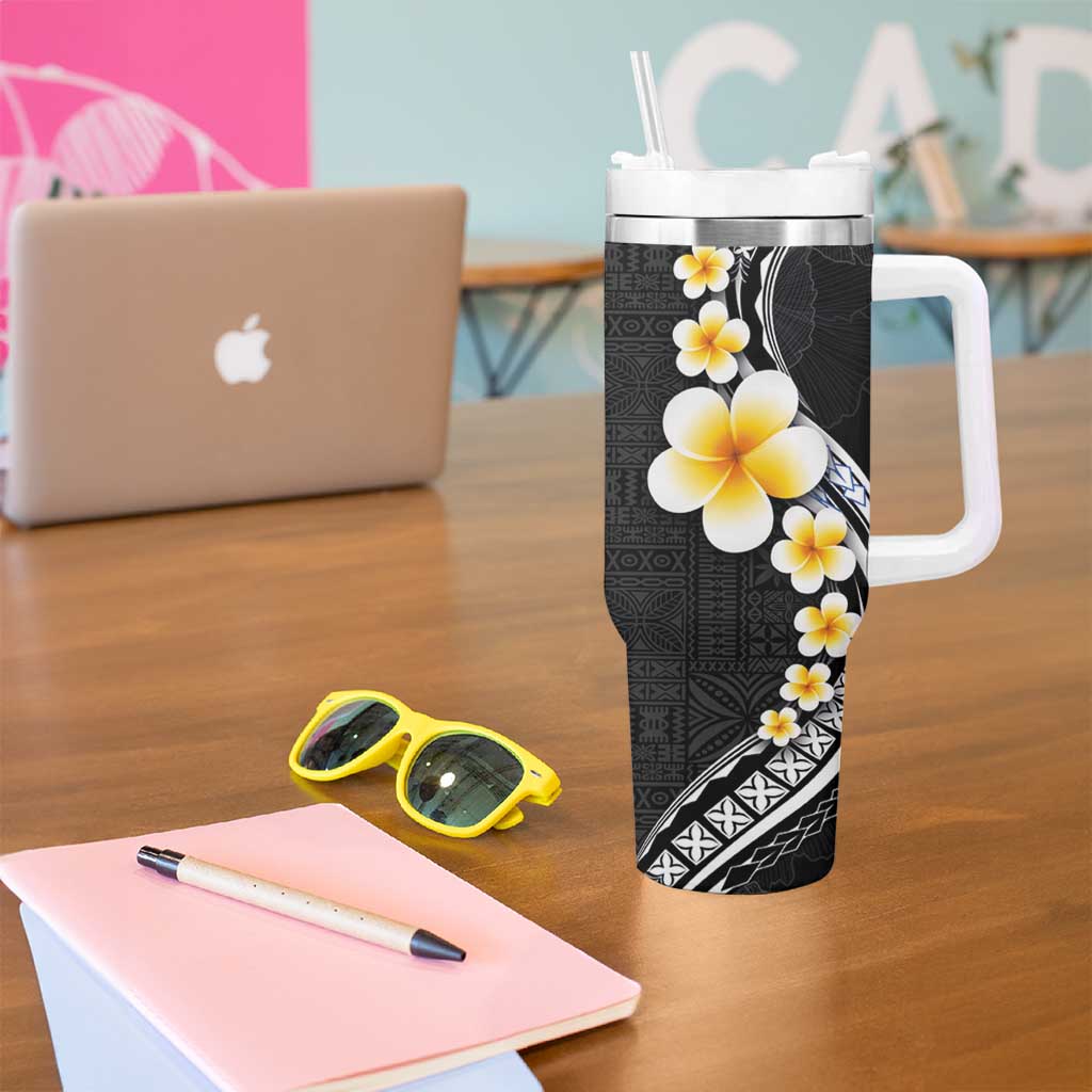 Pacific Hibiscus and Plumeria with Tapa Pattern Tumbler With Handle Black Color LT03 - Polynesian Pride