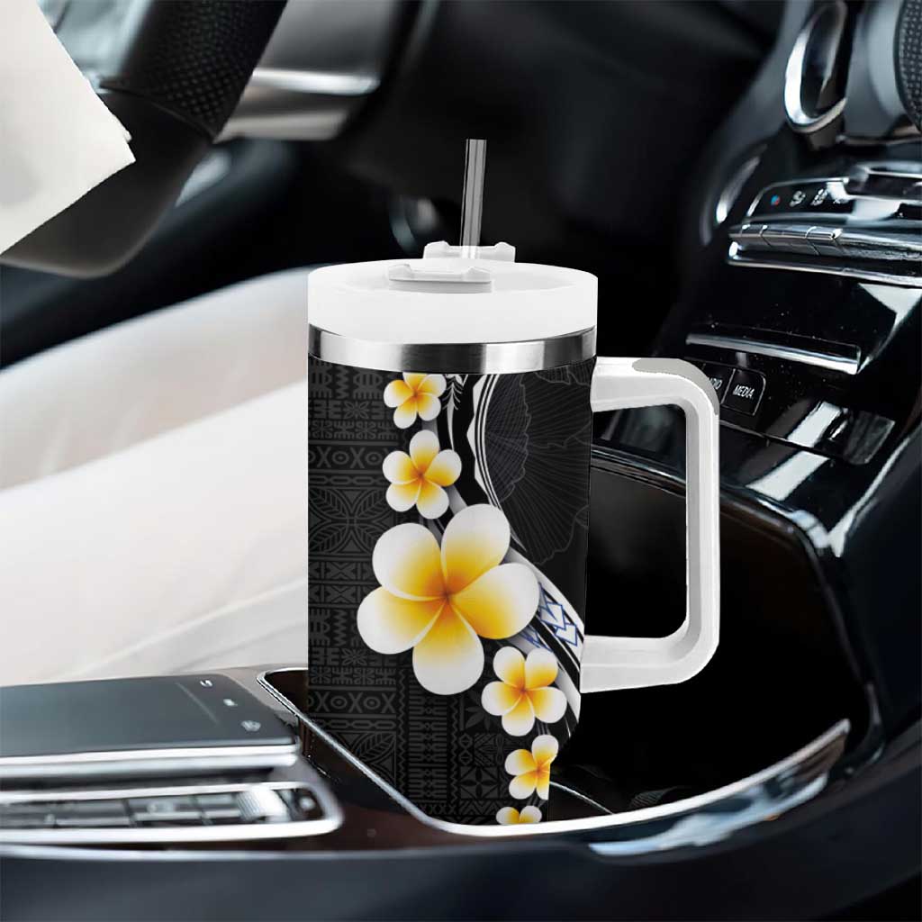 Pacific Hibiscus and Plumeria with Tapa Pattern Tumbler With Handle Black Color LT03 - Polynesian Pride