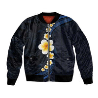 Pacific Hibiscus and Plumeria with Tapa Pattern Bomber Jacket Dark Blue Color LT03 Unisex Blue - Polynesian Pride