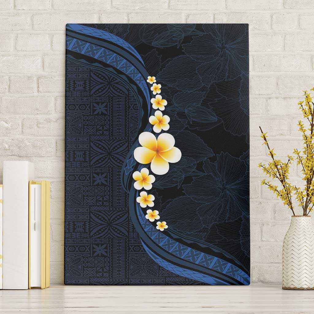 Pacific Hibiscus and Plumeria with Tapa Pattern Canvas Wall Art Dark Blue Color LT03 Without Frame Blue - Polynesian Pride