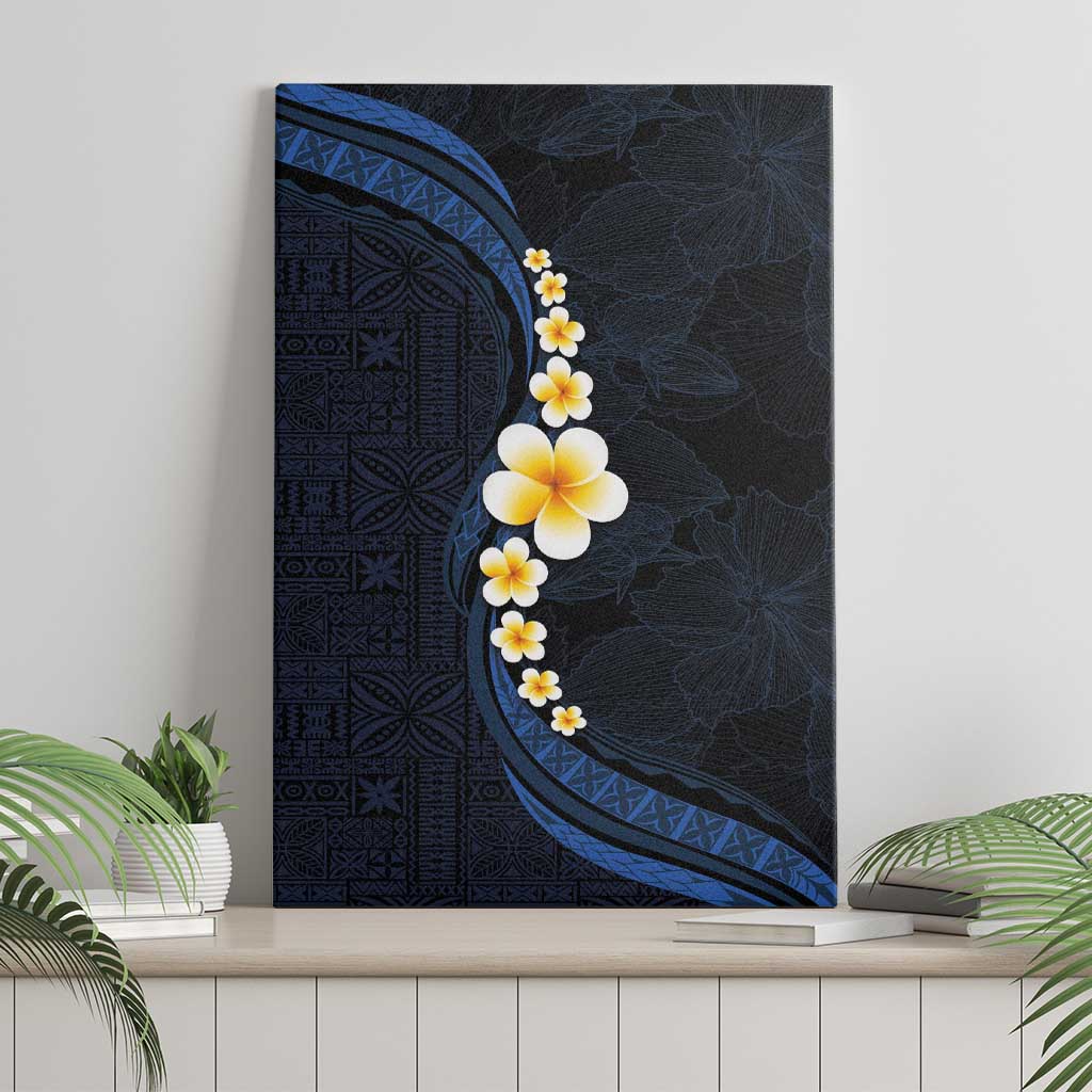 Pacific Hibiscus and Plumeria with Tapa Pattern Canvas Wall Art Dark Blue Color LT03 - Polynesian Pride