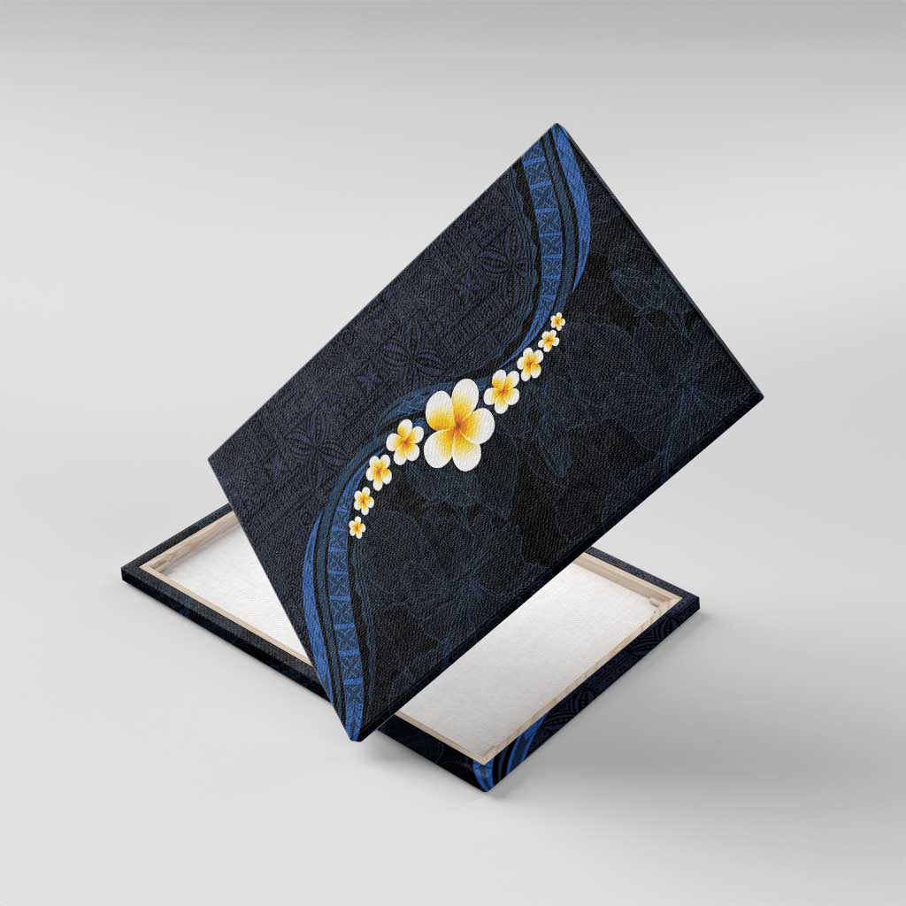 Pacific Hibiscus and Plumeria with Tapa Pattern Canvas Wall Art Dark Blue Color LT03 With Frame Blue - Polynesian Pride