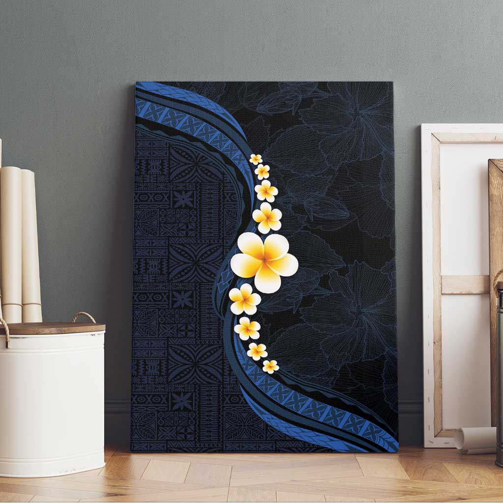 Pacific Hibiscus and Plumeria with Tapa Pattern Canvas Wall Art Dark Blue Color LT03 - Polynesian Pride