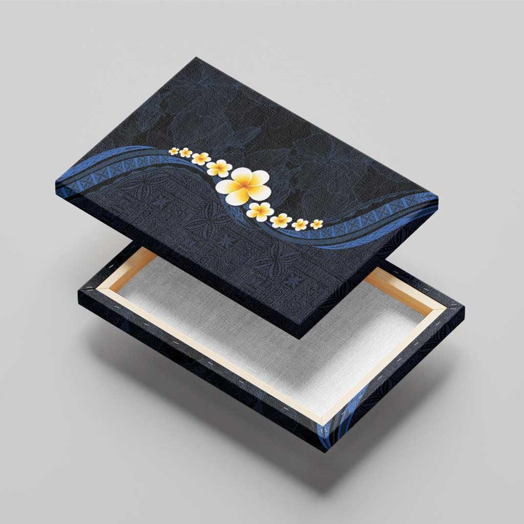 Pacific Hibiscus and Plumeria with Tapa Pattern Canvas Wall Art Dark Blue Color LT03 - Polynesian Pride