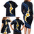 Pacific Hibiscus and Plumeria with Tapa Pattern Family Matching Long Sleeve Bodycon Dress and Hawaiian Shirt Dark Blue Color