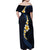 Pacific Hibiscus and Plumeria with Tapa Pattern Family Matching Off Shoulder Maxi Dress and Hawaiian Shirt Dark Blue Color