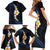 Pacific Hibiscus and Plumeria with Tapa Pattern Family Matching Short Sleeve Bodycon Dress and Hawaiian Shirt Dark Blue Color