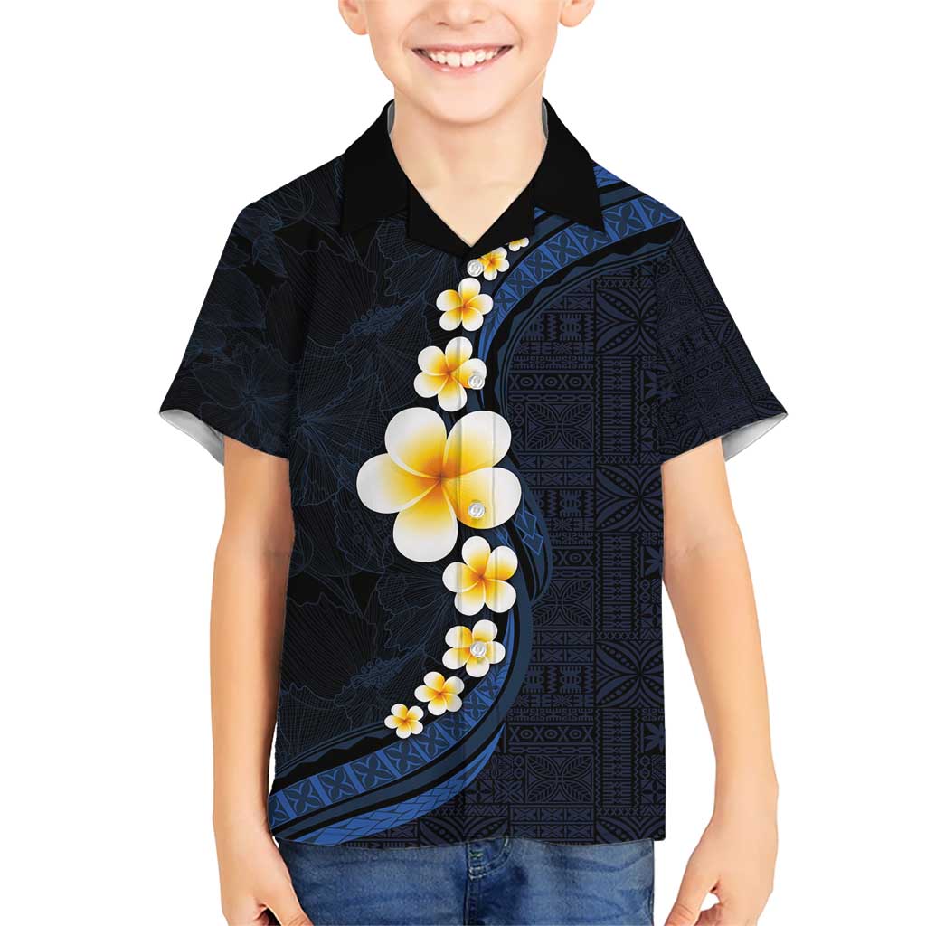Pacific Hibiscus and Plumeria with Tapa Pattern Kid Hawaiian Shirt Dark Blue Color LT03 Kid Blue - Polynesian Pride