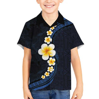 Pacific Hibiscus and Plumeria with Tapa Pattern Kid Hawaiian Shirt Dark Blue Color LT03 Kid Blue - Polynesian Pride