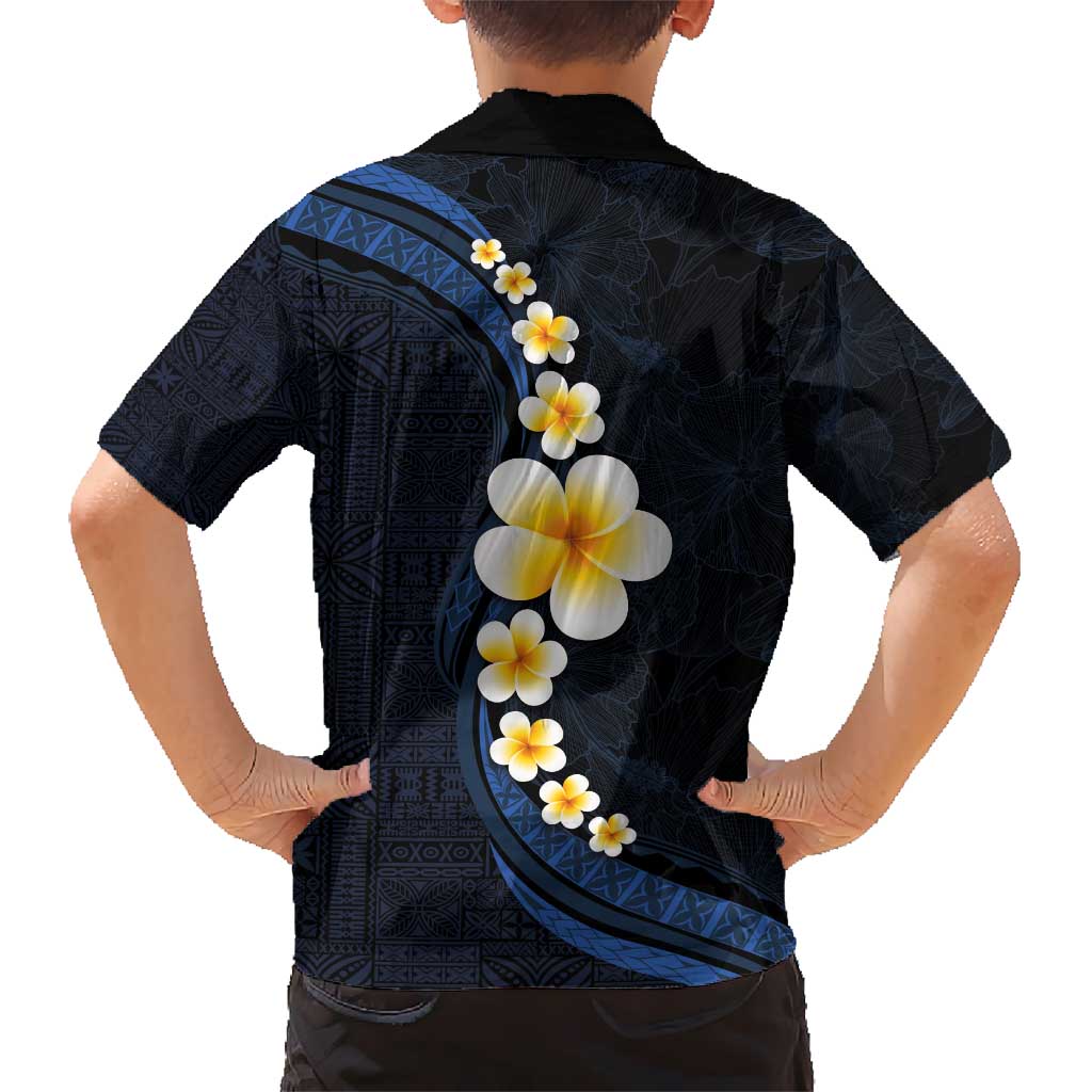 Pacific Hibiscus and Plumeria with Tapa Pattern Kid Hawaiian Shirt Dark Blue Color LT03 - Polynesian Pride
