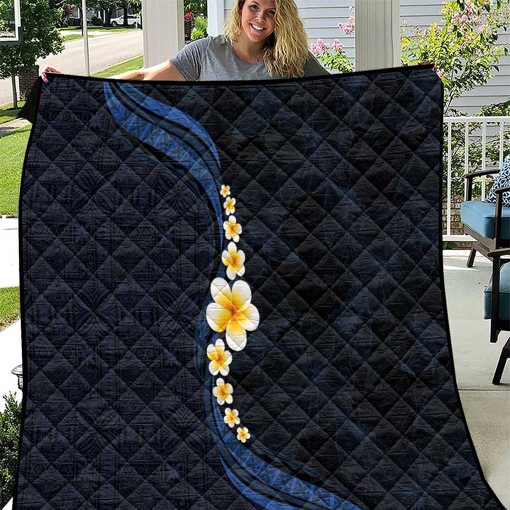 Pacific Hibiscus and Plumeria with Tapa Pattern Quilt Dark Blue Color