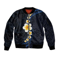 Pacific Hibiscus and Plumeria with Tapa Pattern Sleeve Zip Bomber Jacket Dark Blue Color LT03 Unisex Blue - Polynesian Pride