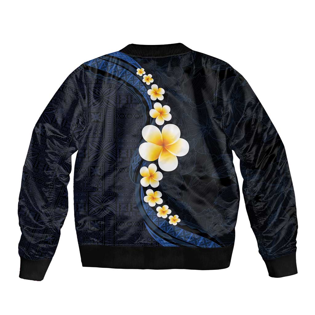 Pacific Hibiscus and Plumeria with Tapa Pattern Sleeve Zip Bomber Jacket Dark Blue Color LT03 - Polynesian Pride