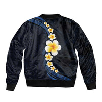 Pacific Hibiscus and Plumeria with Tapa Pattern Sleeve Zip Bomber Jacket Dark Blue Color LT03 - Polynesian Pride