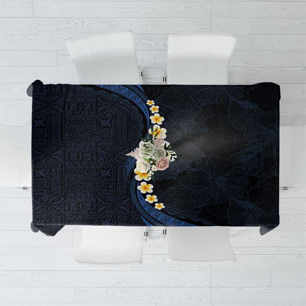 Pacific Hibiscus and Plumeria with Tapa Pattern Tablecloth Dark Blue Color