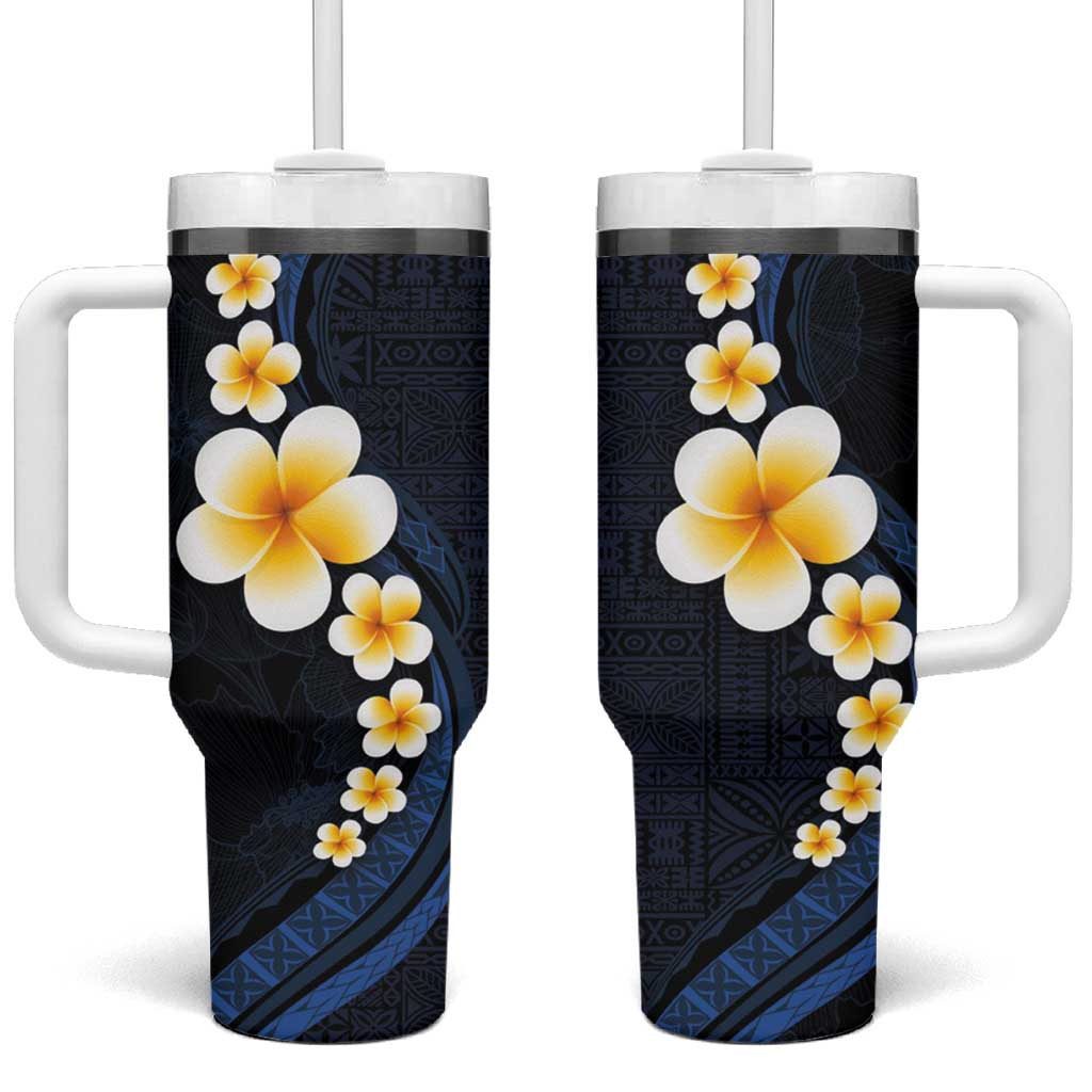 Pacific Hibiscus and Plumeria with Tapa Pattern Tumbler With Handle Dark Blue Color LT03 One Size: 40 oz Blue - Polynesian Pride