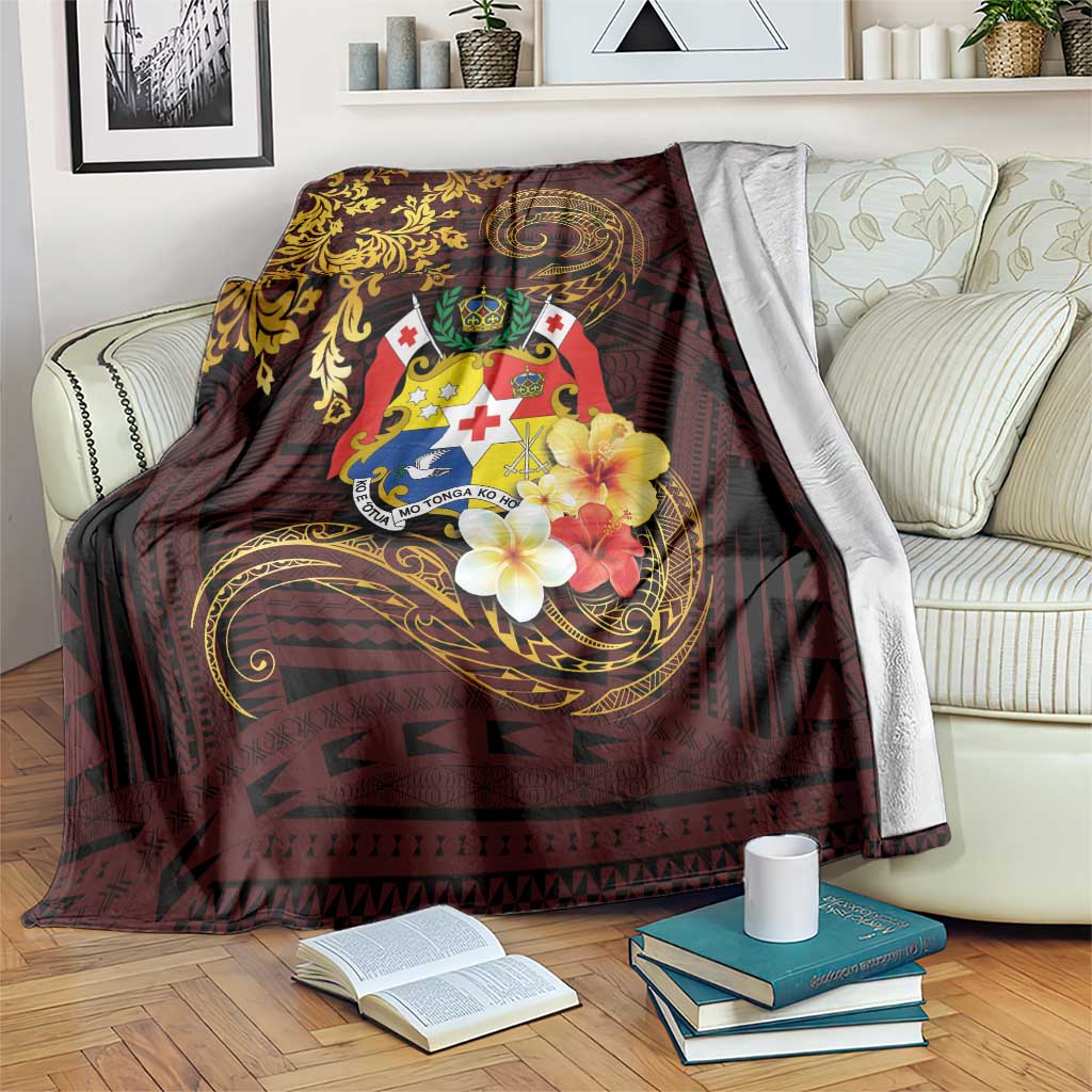 Tonga Ngatu and Hibiscus with Polynesian Tattoo Blanket Gold and Oxblood Color LT03 Oxblood - Polynesian Pride