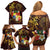 Tonga Ngatu and Hibiscus with Polynesian Tattoo Family Matching Off Shoulder Short Dress and Hawaiian Shirt Gold and Oxblood Color