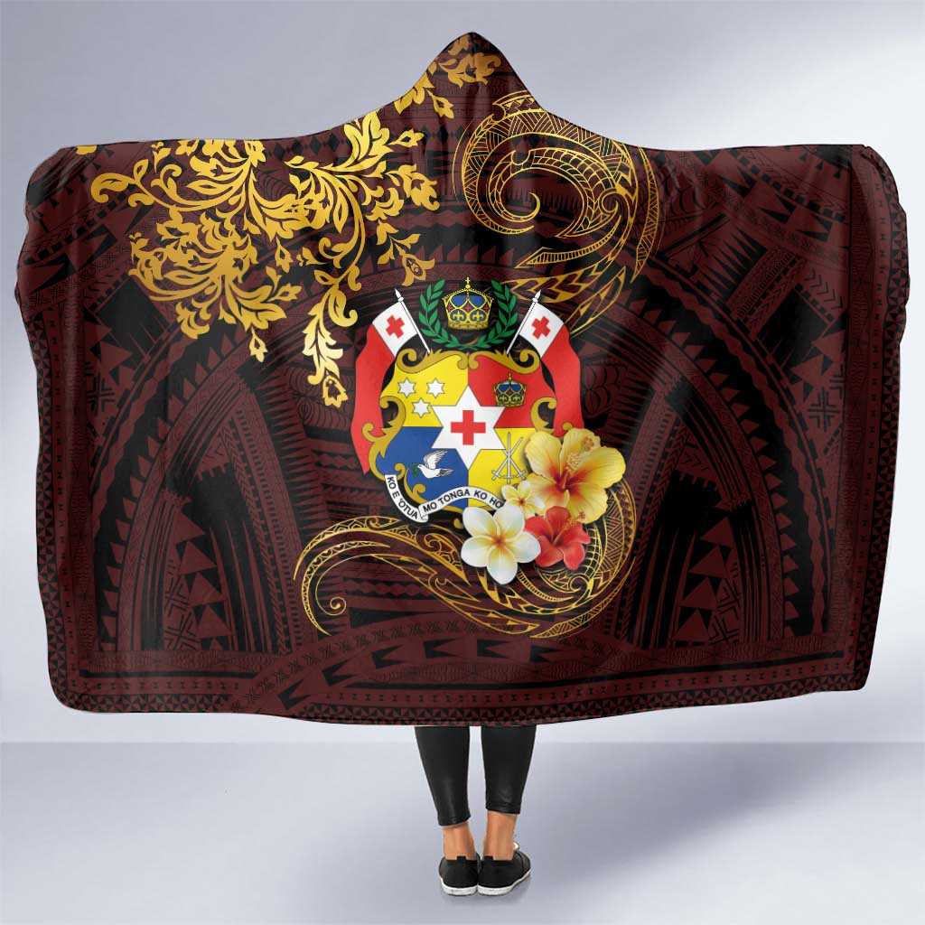 Tonga Ngatu and Hibiscus with Polynesian Tattoo Hooded Blanket Gold and Oxblood Color LT03 One Size Oxblood - Polynesian Pride