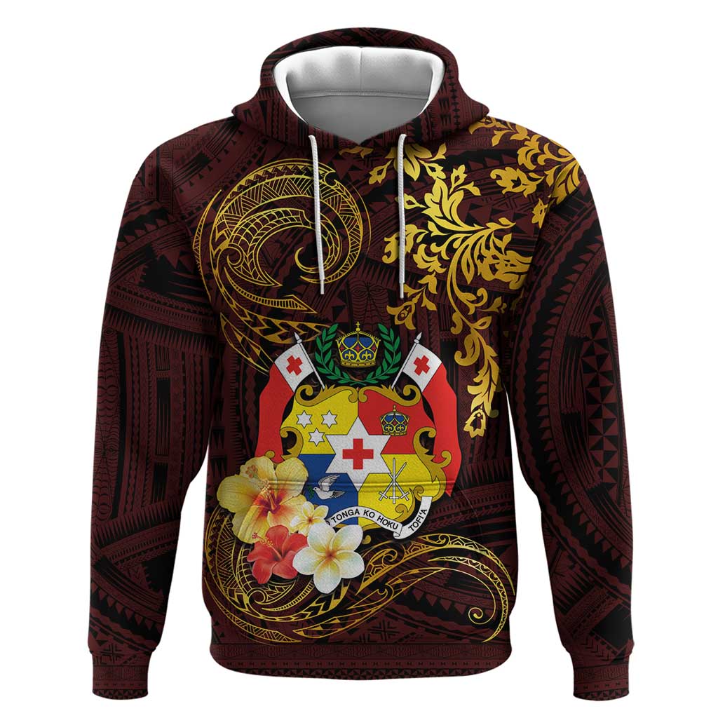 Tonga Ngatu and Hibiscus with Polynesian Tattoo Hoodie Gold and Oxblood Color LT03 Pullover Hoodie Oxblood - Polynesian Pride